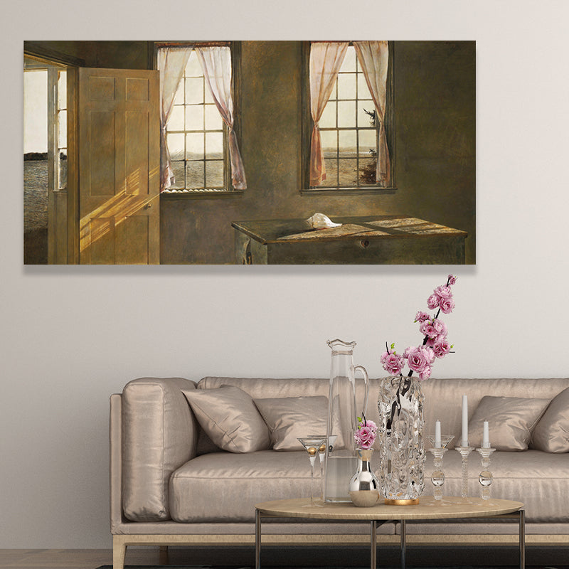 Room with Two Windows Painting Modern Textured House Interior Wall Art Print in Yellow