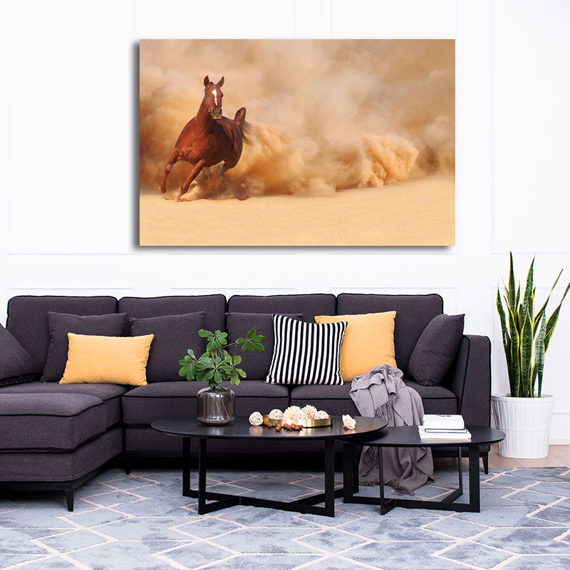 Fine Horses Wall Art Textured Contemporary Living Room Canvas Print in Dark Color