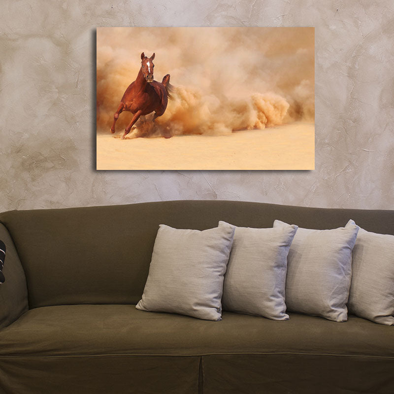 Fine Horses Wall Art Textured Contemporary Living Room Canvas Print in Dark Color