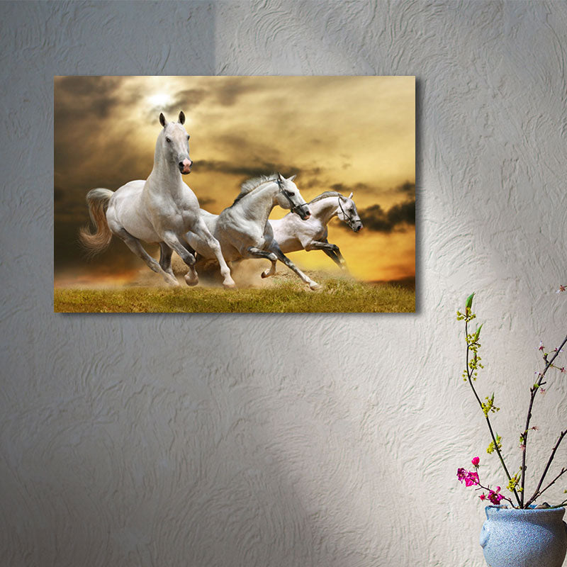 Fine Horses Wall Art Textured Contemporary Living Room Canvas Print in Dark Color