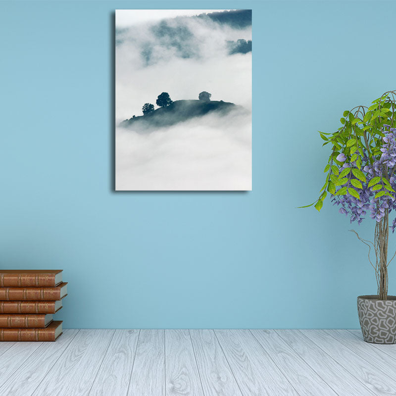 Foggy Mountain Canvas Art for Bedroom Natural Scenery Wall Decor in Green and White