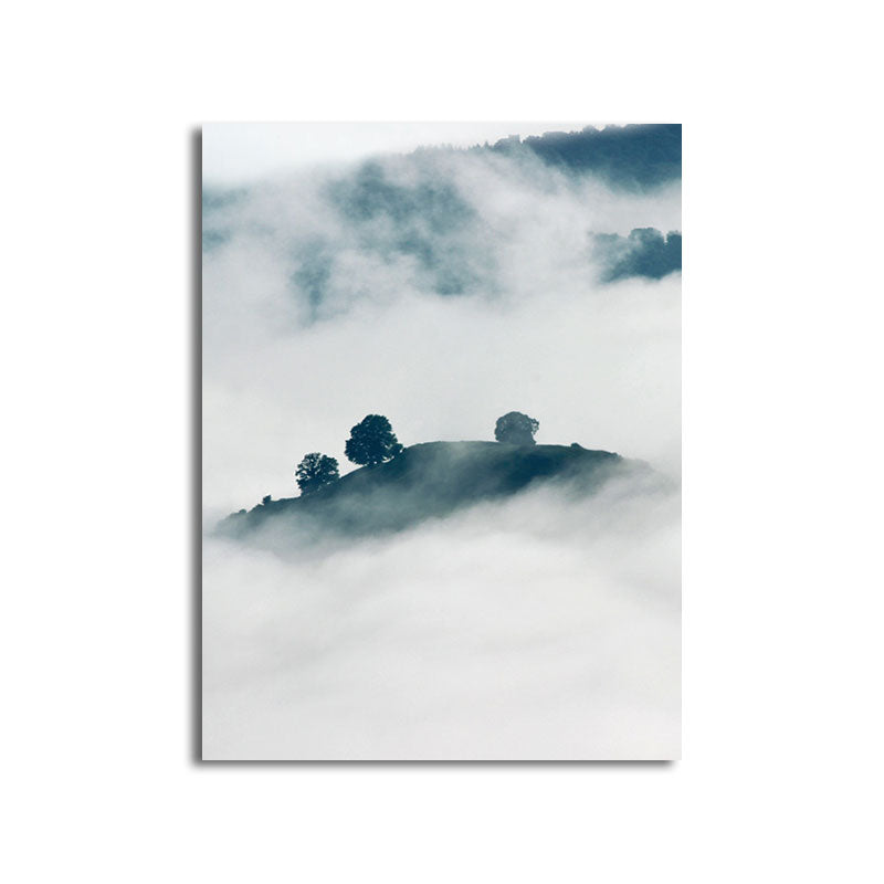 Foggy Mountain Canvas Art for Bedroom Natural Scenery Wall Decor in Green and White