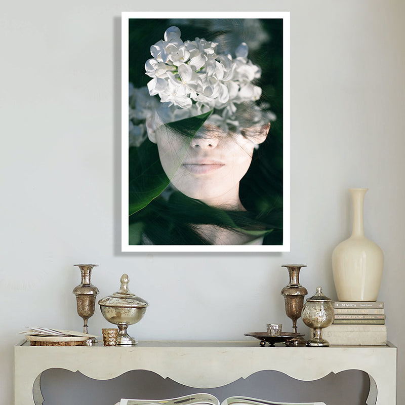 Photography Woman and Flower Canvas Art for Girls Bedroom, White and Green, Textured