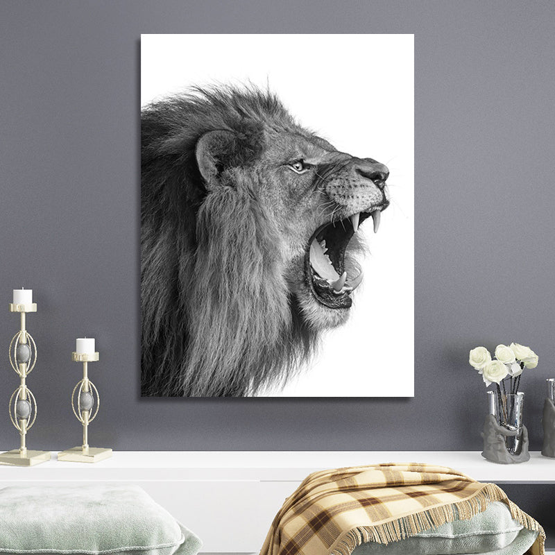 Photography Lion Roaring Canvas Wall Art for House Interior, Grey and White, Textured