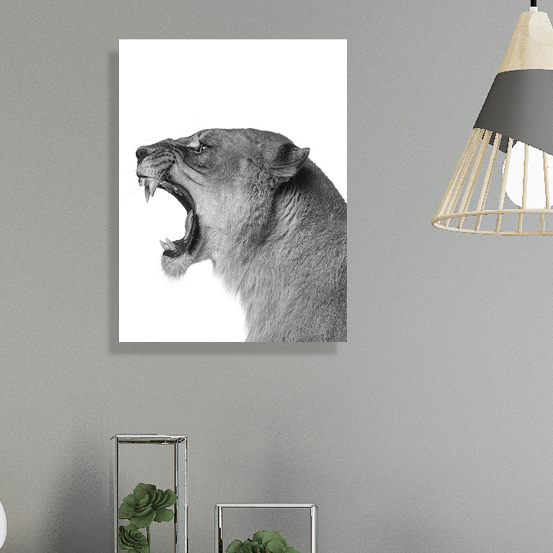 Photography Lion Roaring Canvas Wall Art for House Interior, Grey and White, Textured