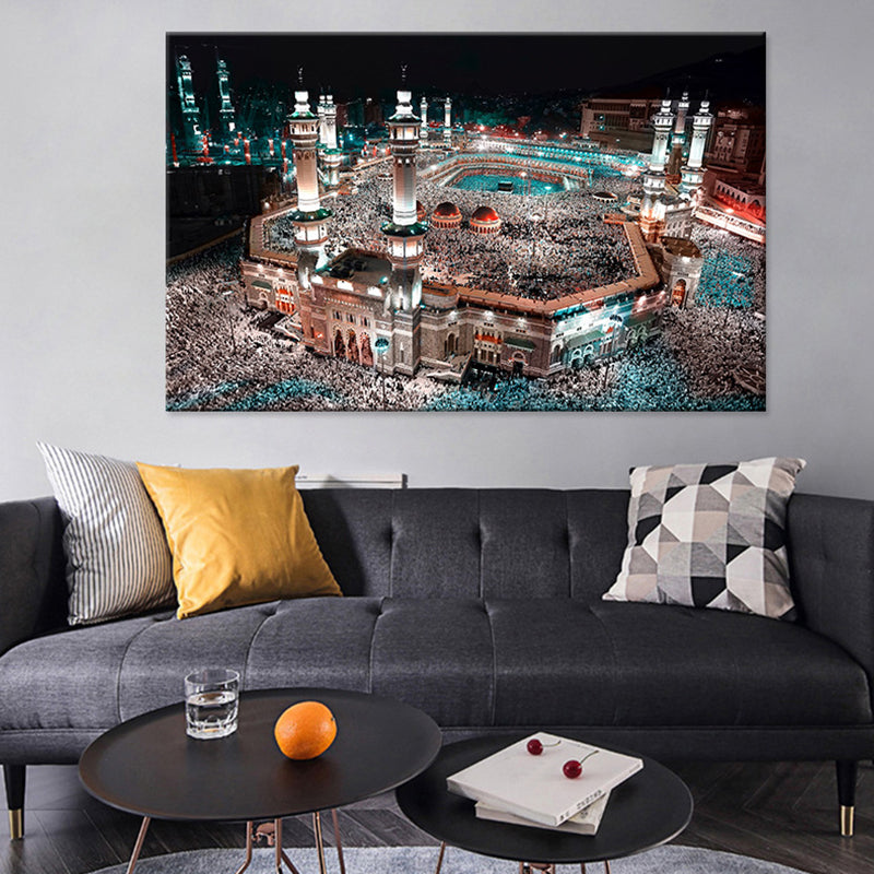 Blue Modern Wall Art Print Aerial View of Night Cityscape Canvas for Sitting Room