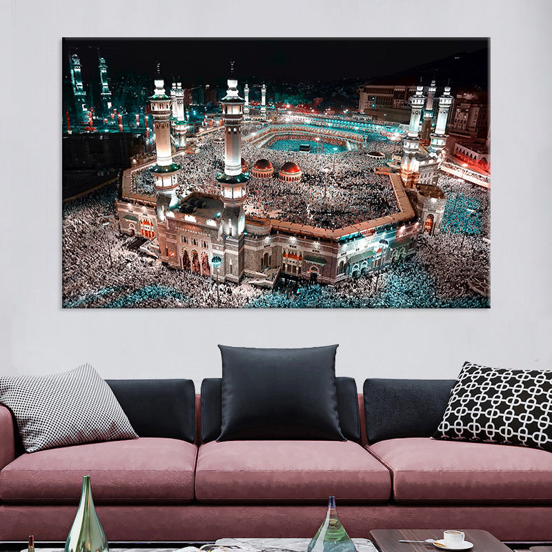 Blue Modern Wall Art Print Aerial View of Night Cityscape Canvas for Sitting Room