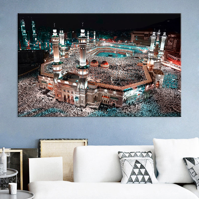 Blue Modern Wall Art Print Aerial View of Night Cityscape Canvas for Sitting Room