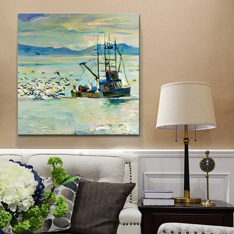 Traditional Wall Art Print Blue Gull and Fishing Boat on the Ocean Painting for Home