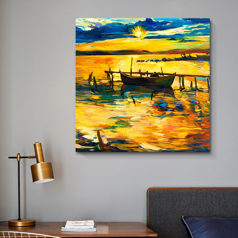 Boat and Sunset Seascape Painting Canvas Print Orange Tropix Wall Art for Family Room