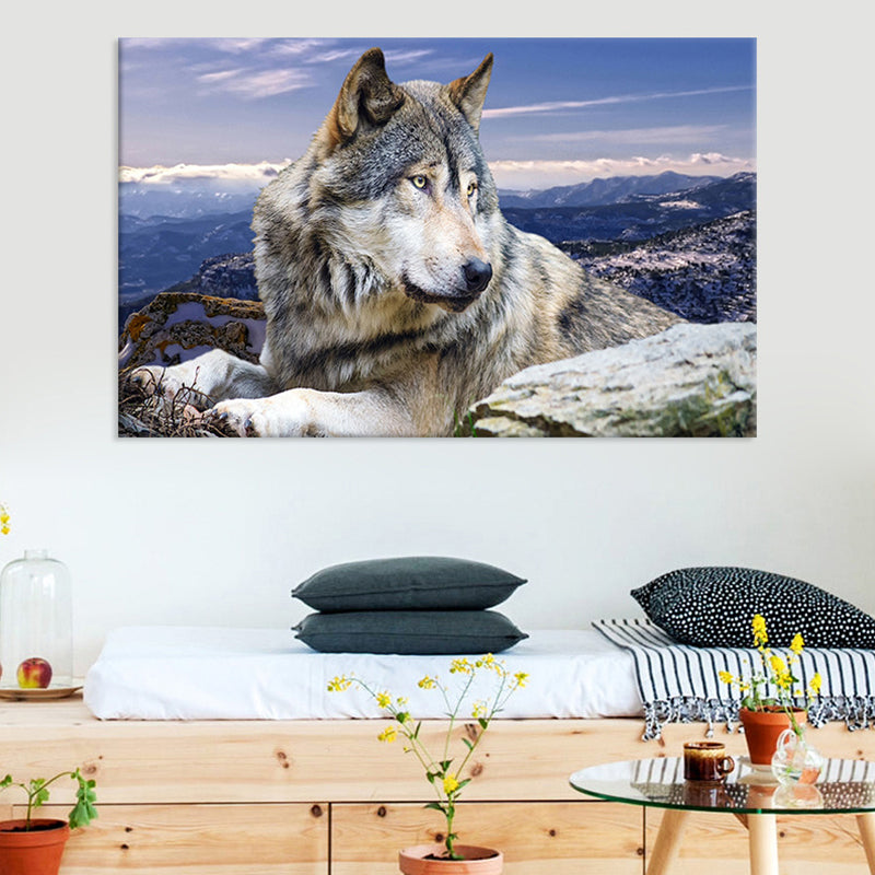 Contemporary Wolf Canvas Print Blue Living Room Wall Art Decor, Textured Surface