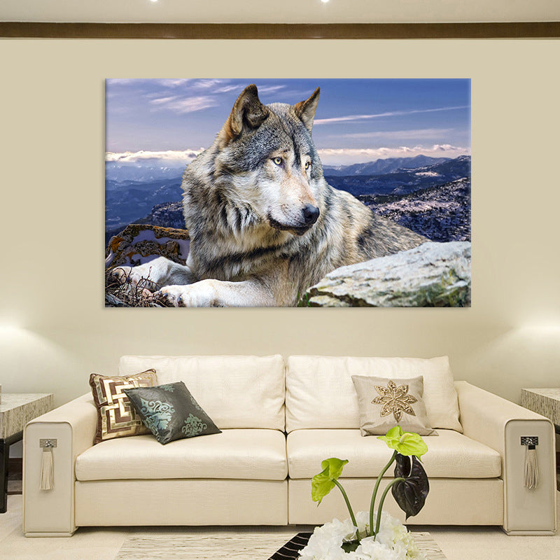 Contemporary Wolf Canvas Print Blue Living Room Wall Art Decor, Textured Surface