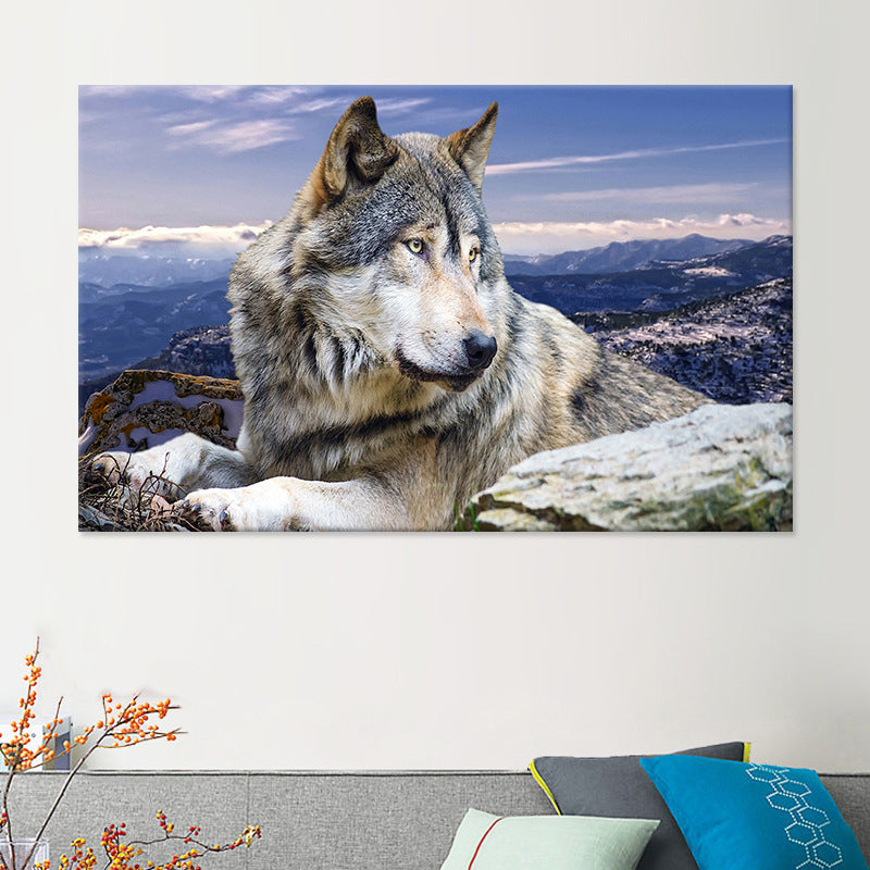 Contemporary Wolf Canvas Print Blue Living Room Wall Art Decor, Textured Surface