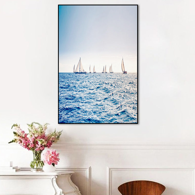 Modern Ocean Sailboats Wall Art Blue Textured Canvas Print for Sitting Room