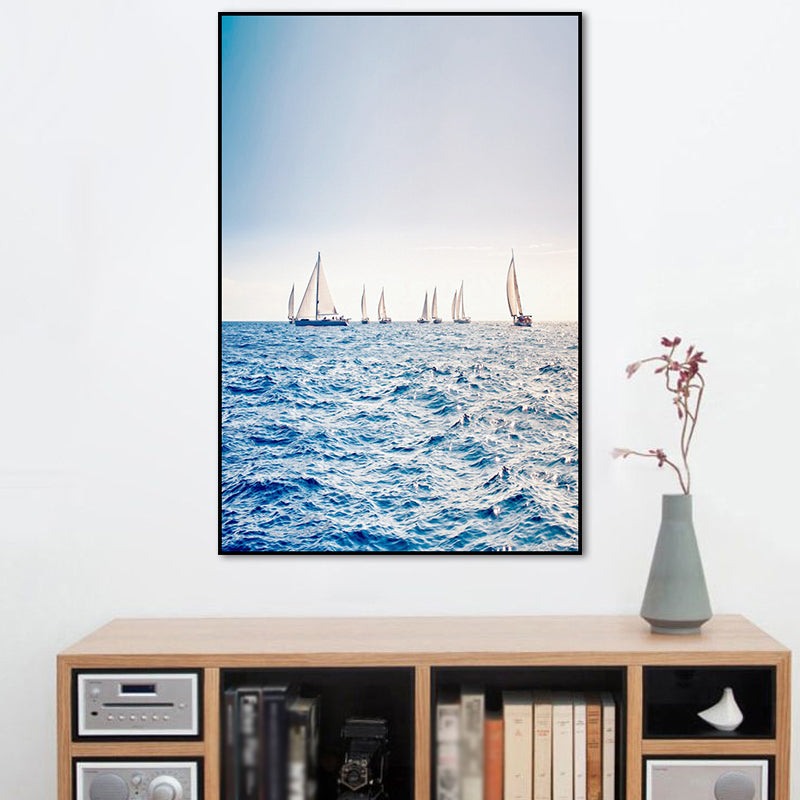 Modern Ocean Sailboats Wall Art Blue Textured Canvas Print for Sitting Room