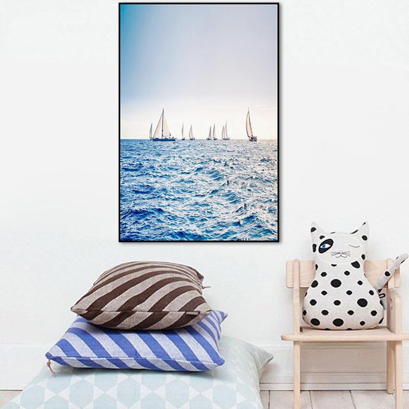 Modern Ocean Sailboats Wall Art Blue Textured Canvas Print for Sitting Room