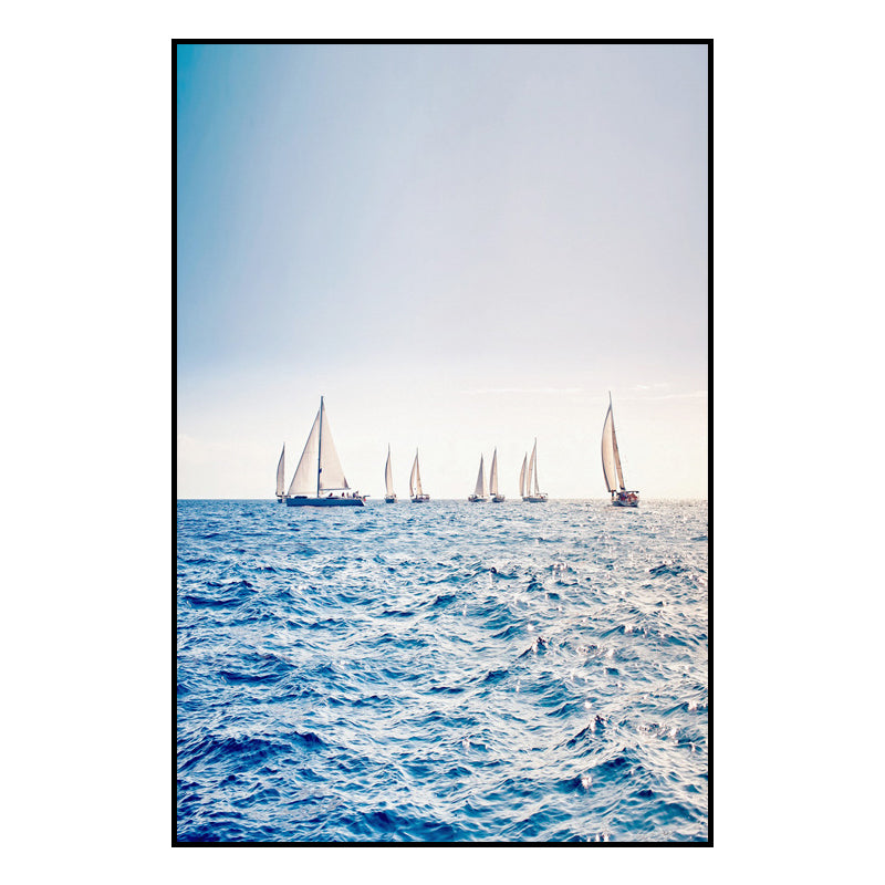 Modern Ocean Sailboats Wall Art Blue Textured Canvas Print for Sitting Room