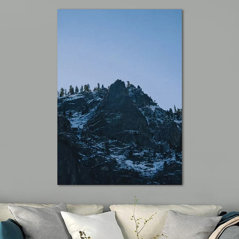 Dreary Mountain Landscape Canvas Wall Art for Living Room, Dark Blue, Textured Surface