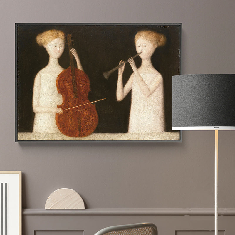 Canvas Brown Painting Modern Style Maiden and Musical Instruments Wall Art Decor