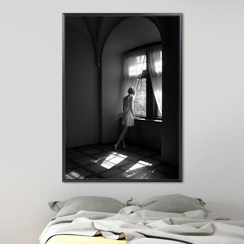 Photographs Contemporary Canvas Wall Art Girl Standing by Window in Black for Drawing Room