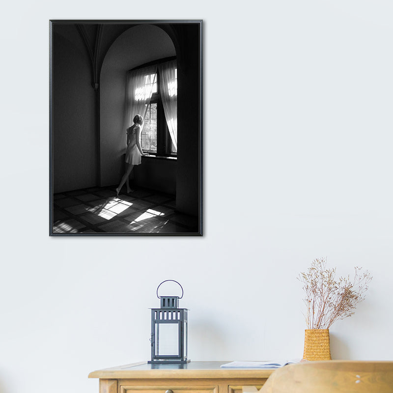 Photographs Contemporary Canvas Wall Art Girl Standing by Window in Black for Drawing Room