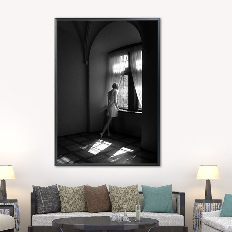 Photographs Contemporary Canvas Wall Art Girl Standing by Window in Black for Drawing Room