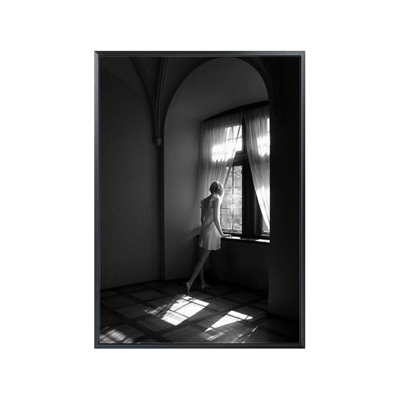 Photographs Contemporary Canvas Wall Art Girl Standing by Window in Black for Drawing Room