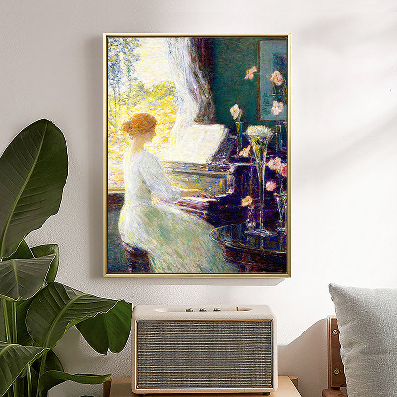 Musical Canvas Print Retro Elegant Lady Playing Piano Wall Art Decor in White-Green