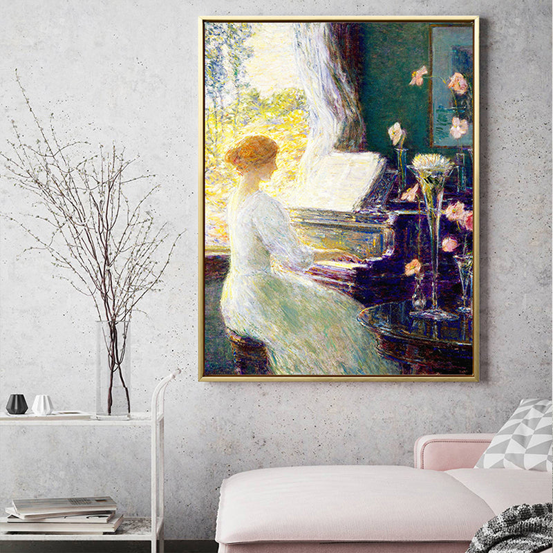 Musical Canvas Print Retro Elegant Lady Playing Piano Wall Art Decor in White-Green