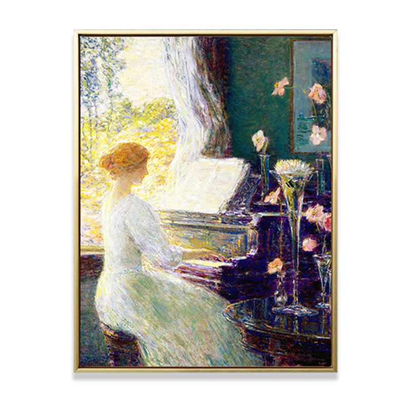 Musical Canvas Print Retro Elegant Lady Playing Piano Wall Art Decor in White-Green