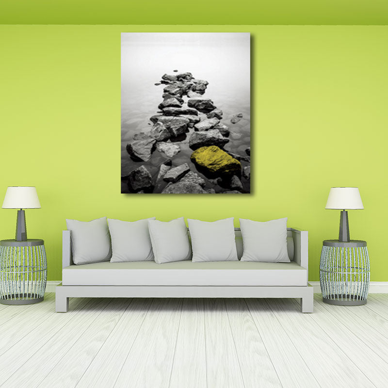 Photo Print River Stones Canvas Wall Art for Living Room, Grey and Yellow, Textured