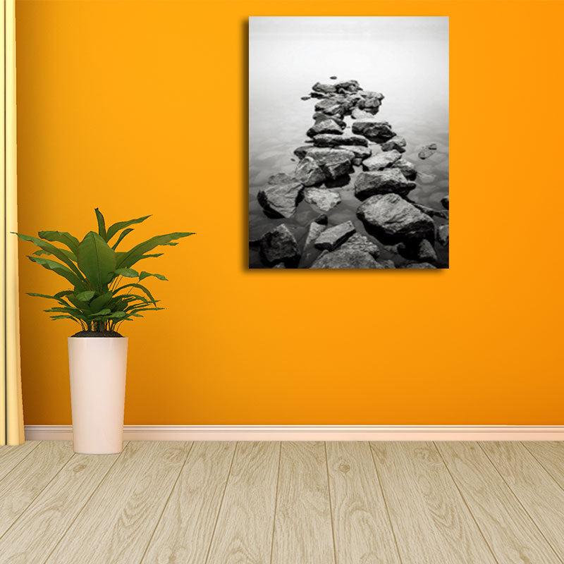 Photo Print River Stones Canvas Wall Art for Living Room, Grey and Yellow, Textured