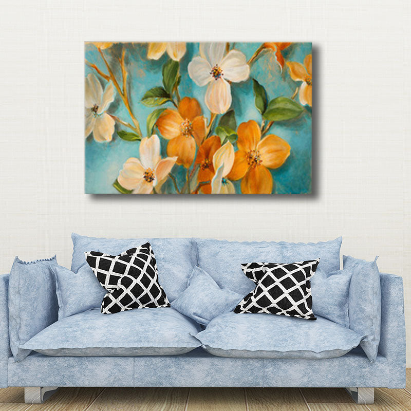 Orange-White Flower Blossom Painting Textured Farmhouse Living Room Wall Art Print