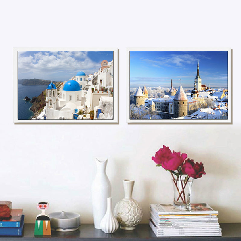 Modern Mediterranean Architecture Canvas Pastel Color Textured Wall Art Decor for Home