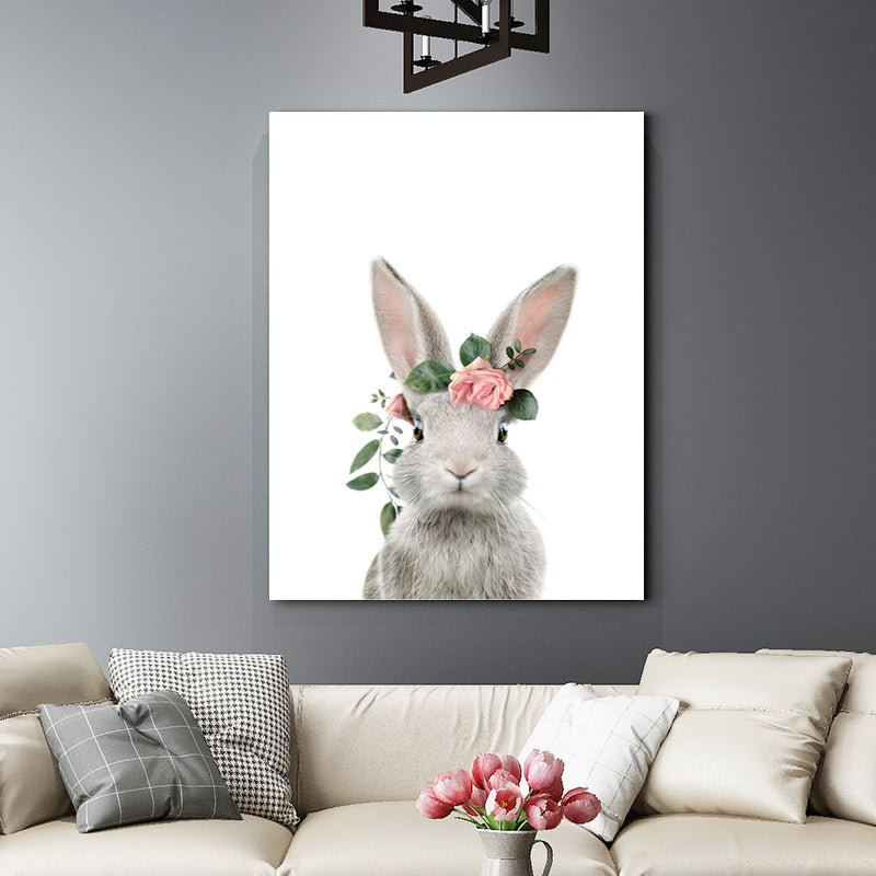 Animal with Wreath Art Print Modernism Textured Bedroom Wall Decor in Grey-White