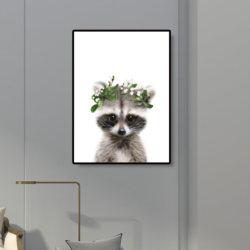 Animal with Wreath Art Print Modernism Textured Bedroom Wall Decor in Grey-White