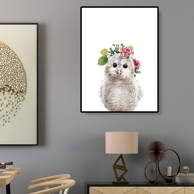 Animal with Wreath Art Print Modernism Textured Bedroom Wall Decor in Grey-White