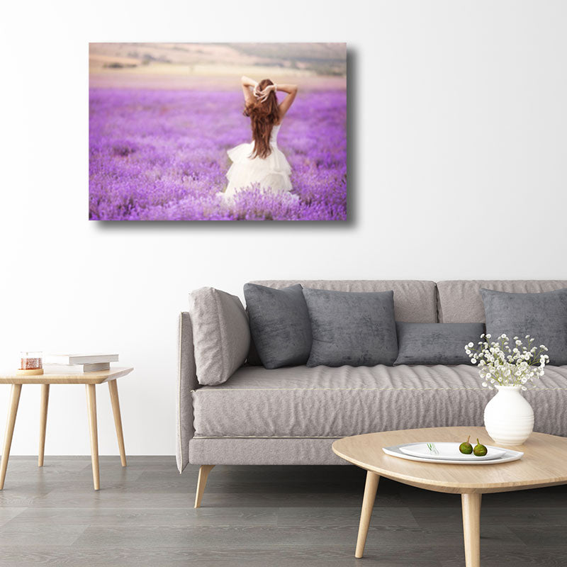 Girl in Flower Sea Wall Decor Purple Canvas Art Print for Decorative, Multiple Sizes