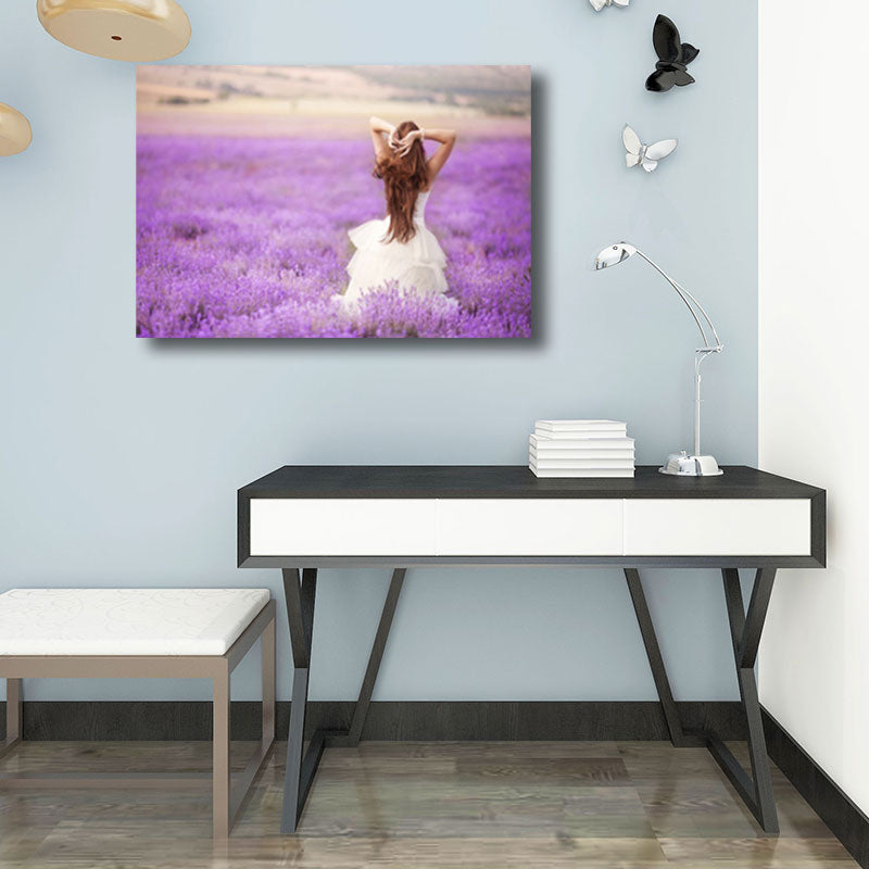 Girl in Flower Sea Wall Decor Purple Canvas Art Print for Decorative, Multiple Sizes