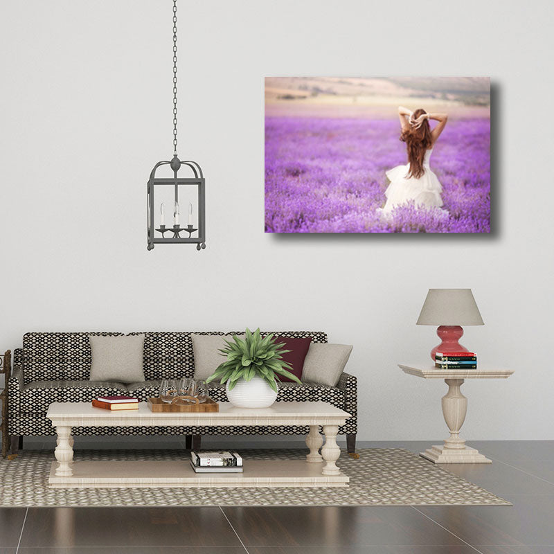 Girl in Flower Sea Wall Decor Purple Canvas Art Print for Decorative, Multiple Sizes