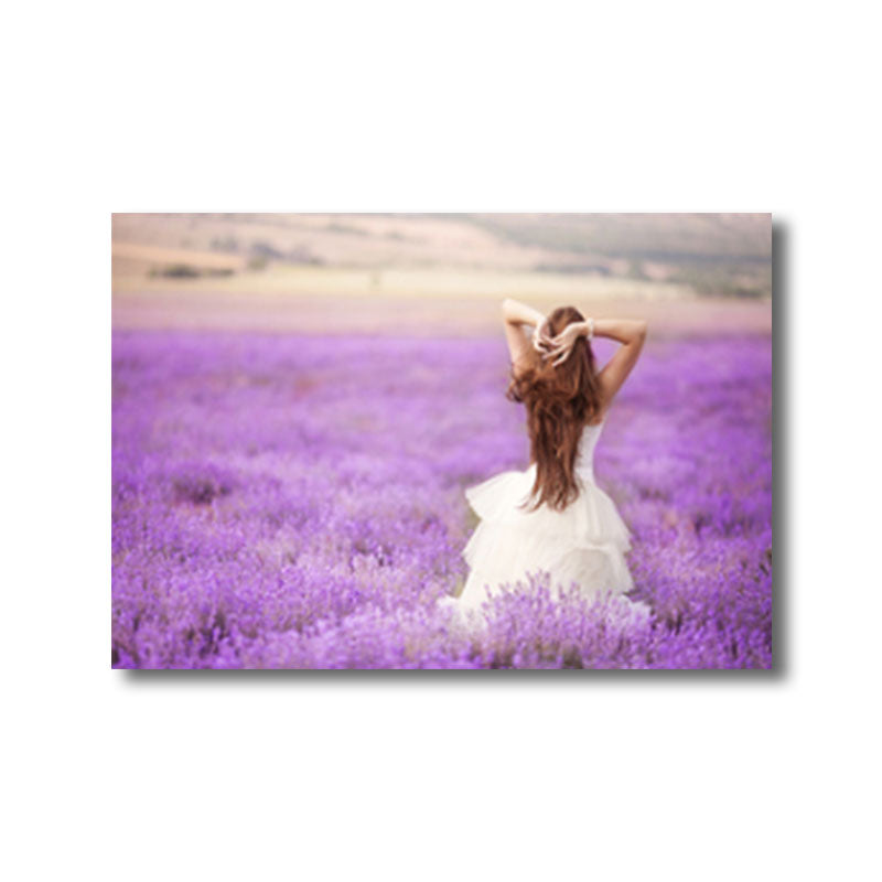 Girl in Flower Sea Wall Decor Purple Canvas Art Print for Decorative, Multiple Sizes