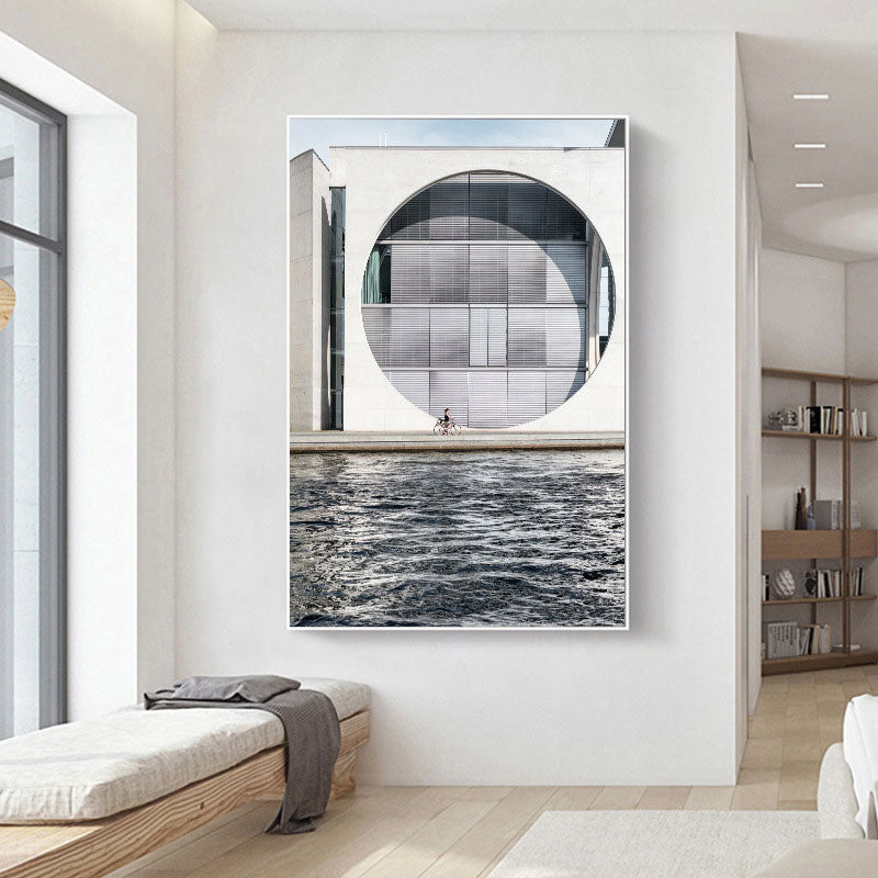 Minimalism Building by River Painting Canvas Decorative Grey Wall Art Print for Parlor