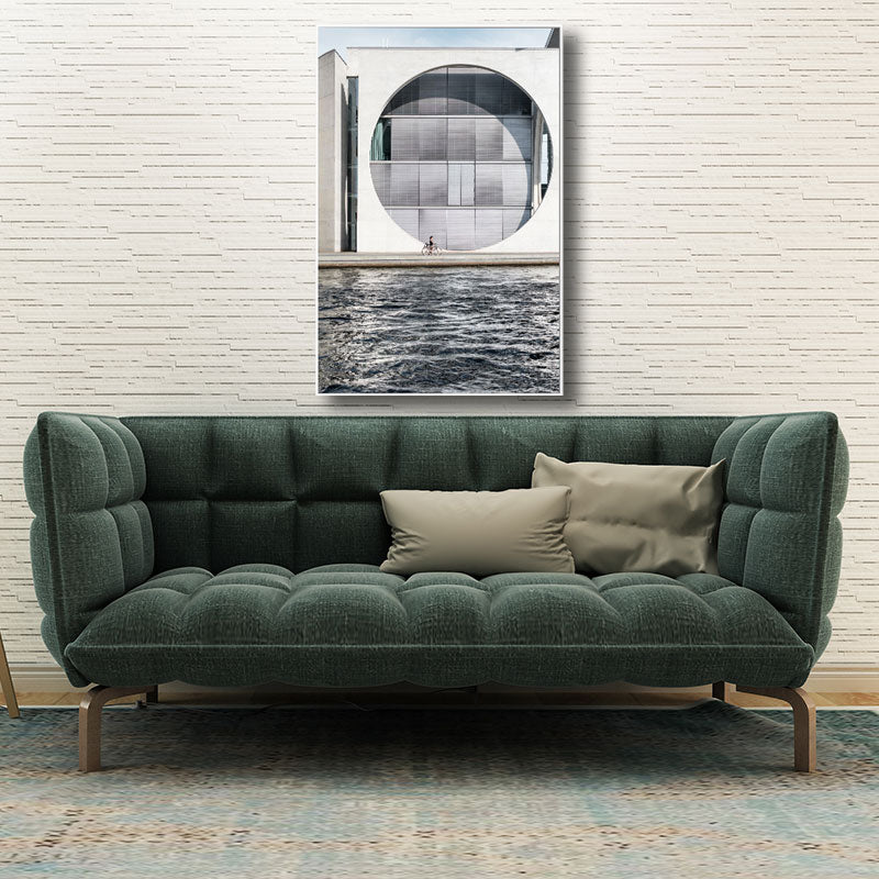 Minimalism Building by River Painting Canvas Decorative Grey Wall Art Print for Parlor