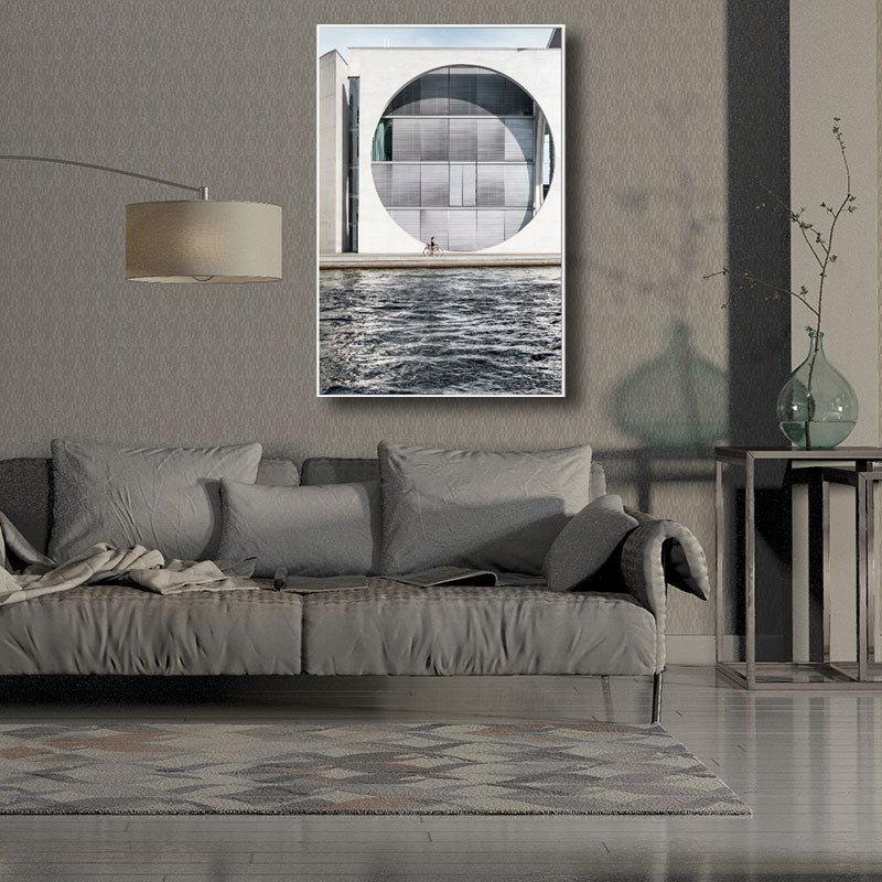 Minimalism Building by River Painting Canvas Decorative Grey Wall Art Print for Parlor