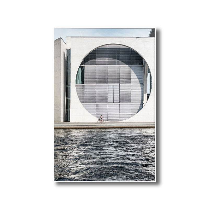 Minimalism Building by River Painting Canvas Decorative Grey Wall Art Print for Parlor