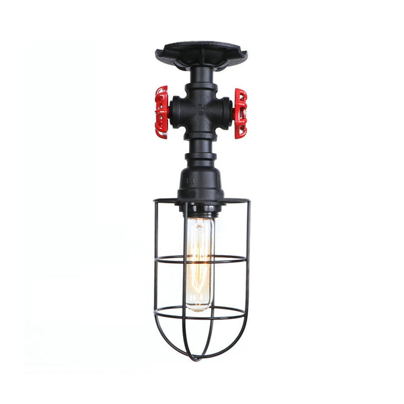 Wire Cage Metal Semi Flush Light with Valve Nautical Stylish 1 Light Living Room Ceiling Light Fixture in Black/Bronze