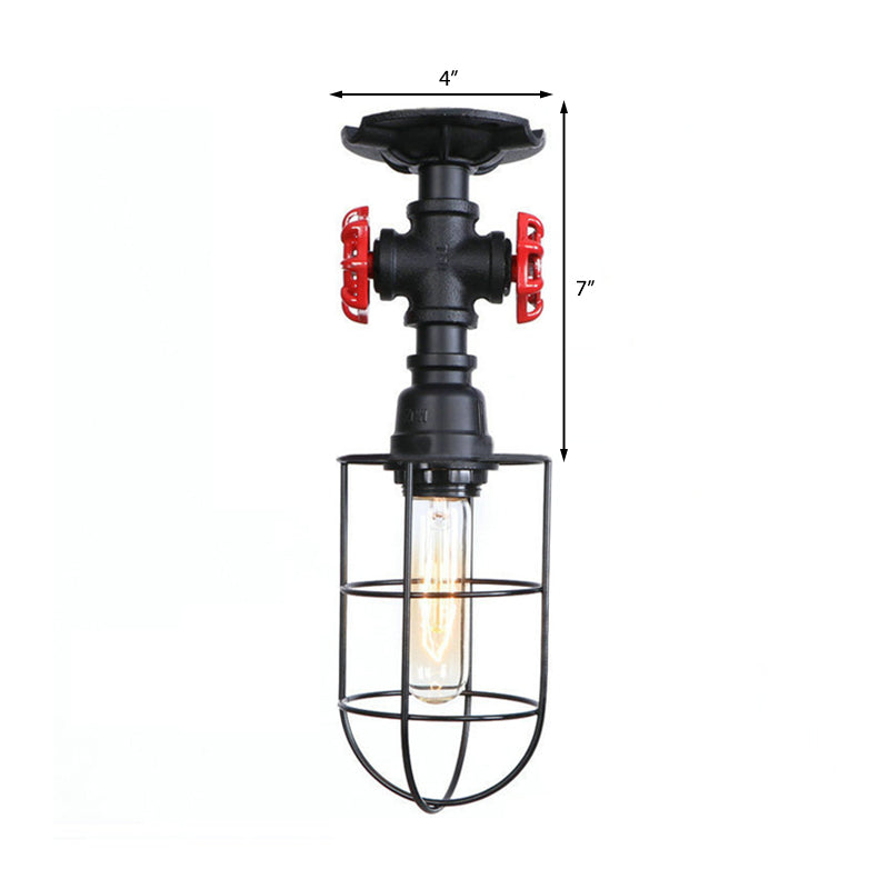 Wire Cage Metal Semi Flush Light with Valve Nautical Stylish 1 Light Living Room Ceiling Light Fixture in Black/Bronze