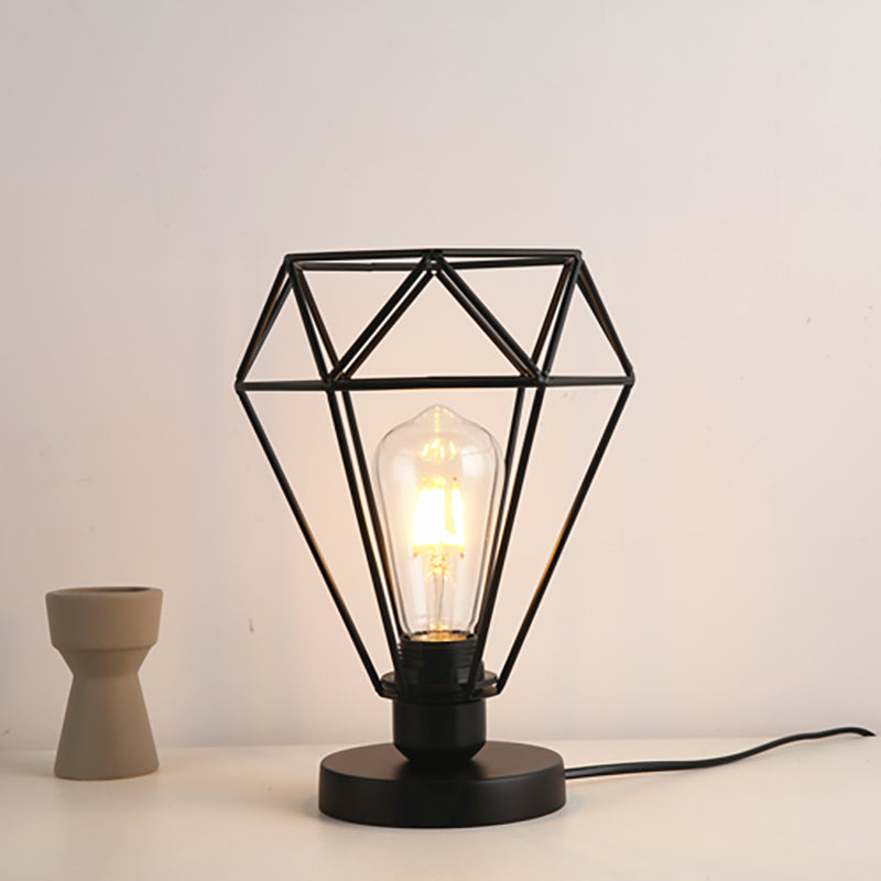 Industrial Style Wire Guard Table Lamp with Diamond Shade 1 Head Metallic Table Lighting in Black