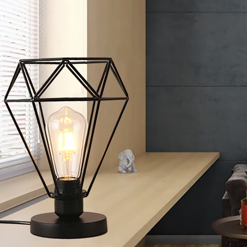 Industrial Style Wire Guard Table Lamp with Diamond Shade 1 Head Metallic Table Lighting in Black