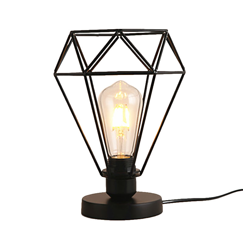 Industrial Style Wire Guard Table Lamp with Diamond Shade 1 Head Metallic Table Lighting in Black